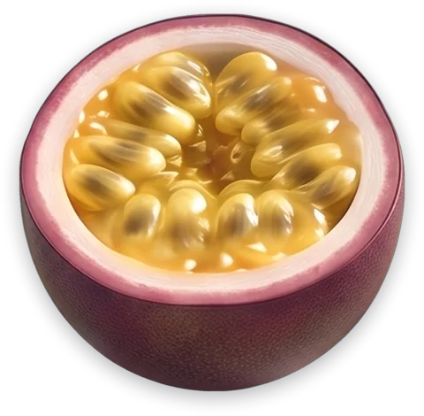 A cut passion fruit, its golden pulp glowing like a lamp.