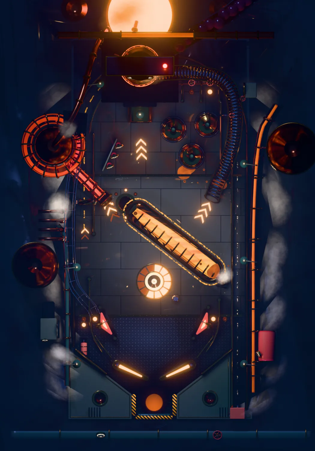 The whole refinery table seen from straight above: the press at the top, the glass helix round a copper still, the fruit lift, three juice vats, a glowing glass channel across the middle, the kicker arms and the brass flippers at the bottom.