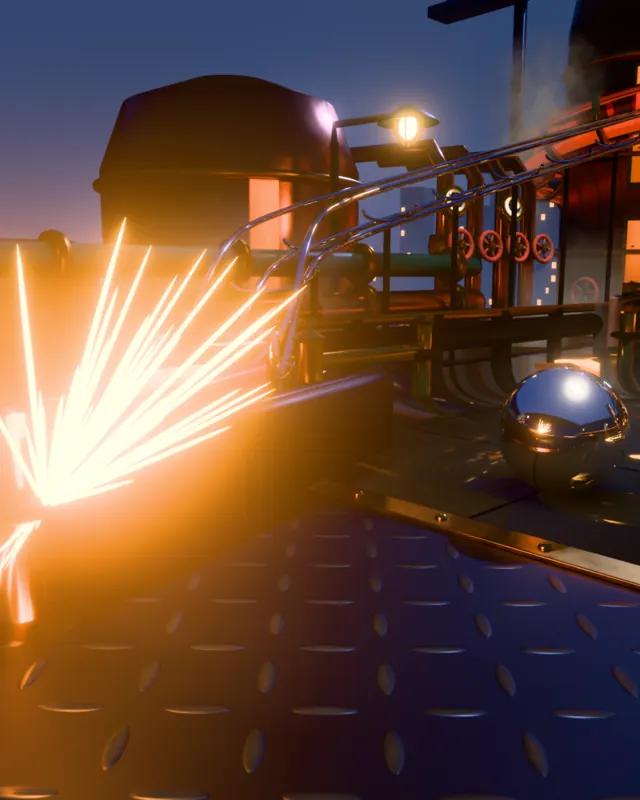 A kicker arm fires back in a shower of sparks.