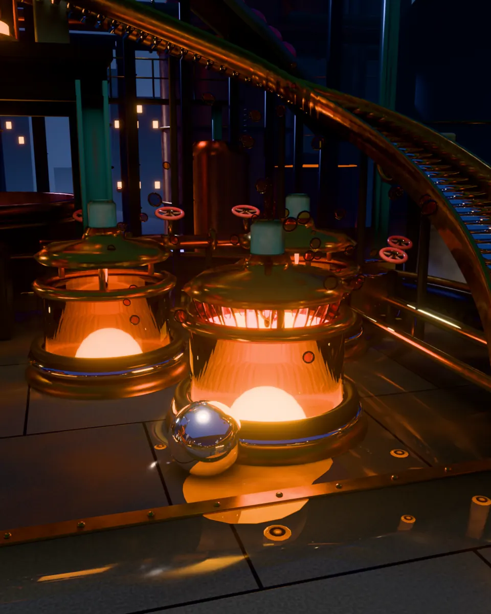 Close-up of the chrome ball against glass vats of glowing amber juice, valve wheels and a roller conveyor behind them.